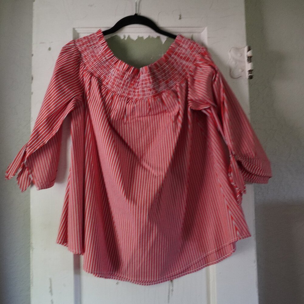 Chicos Top Striped Smocked Neckline Off the‎ Shoulder Blouse